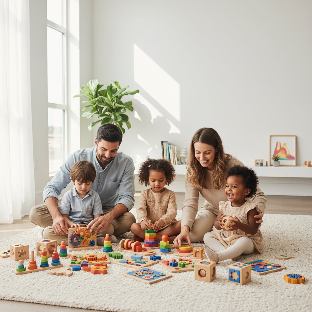 Diverse Family with Montessori Educational Toys Banner