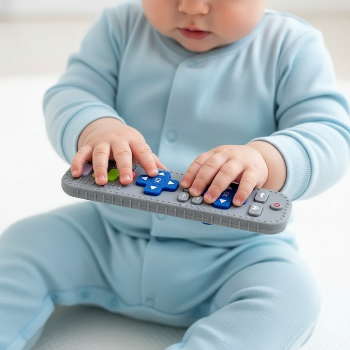 Baby exploring silicone remote teether buttons